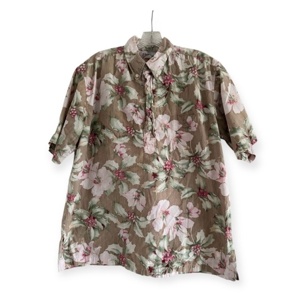 REYN SPOONER Men's Hawaiian Aloha Tan Floral Print 4 Button Shirt-Size XL - Picture 1 of 8